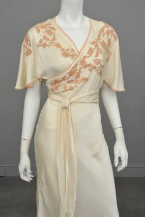 1930s Silk Embroidered Wrap Nightgown Dress w Kimono Style Flutter Sleeves