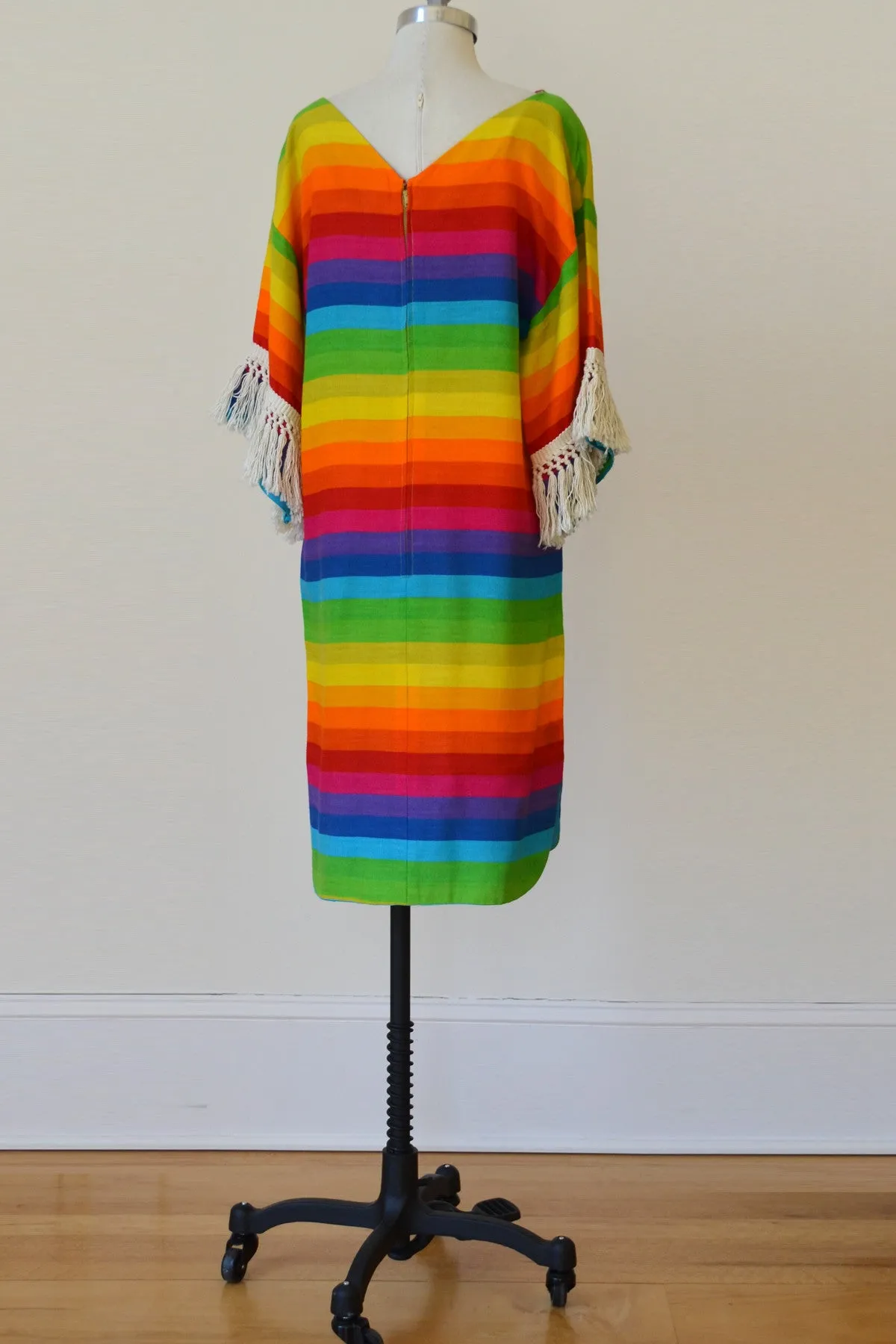 1970s Umbrella Striped Hippie Chic Mini Dress Tunic Cover-Up with Fringe