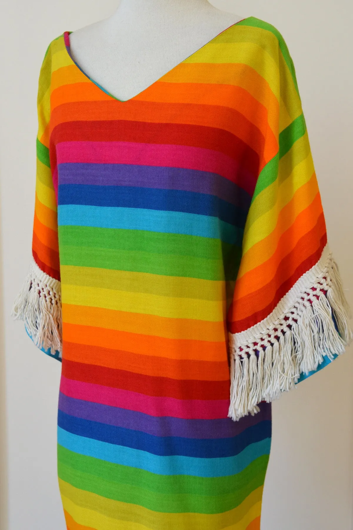 1970s Umbrella Striped Hippie Chic Mini Dress Tunic Cover-Up with Fringe