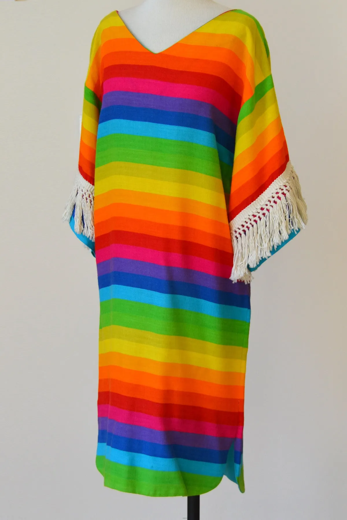 1970s Umbrella Striped Hippie Chic Mini Dress Tunic Cover-Up with Fringe