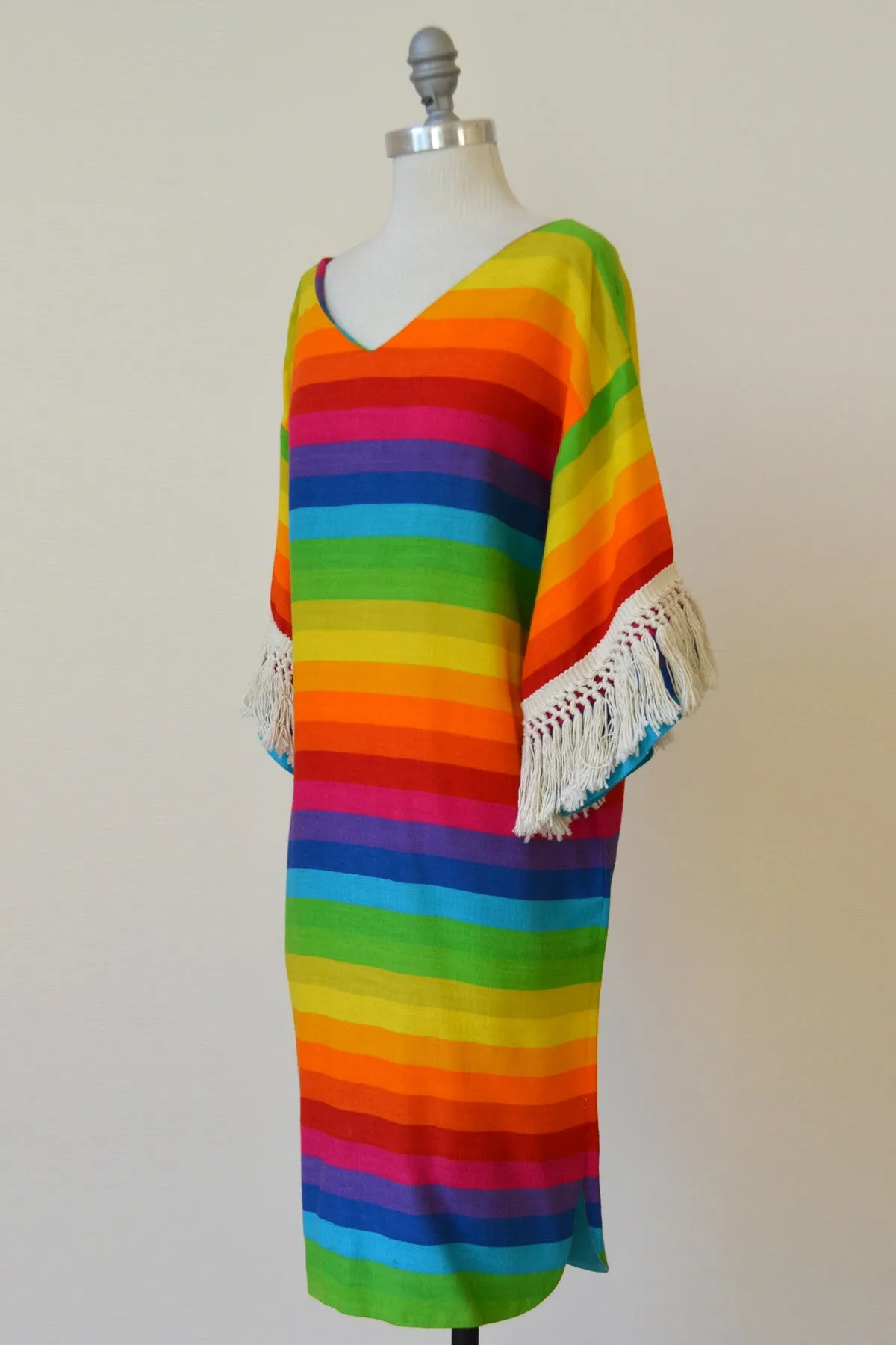 1970s Umbrella Striped Hippie Chic Mini Dress Tunic Cover-Up with Fringe