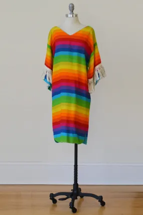 1970s Umbrella Striped Hippie Chic Mini Dress Tunic Cover-Up with Fringe