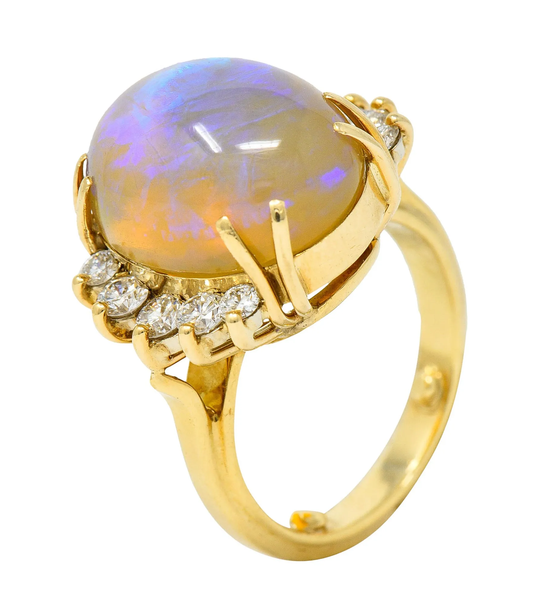 1970's Vintage Jelly Opal Diamond 18 Karat Gold Gemstone Ring