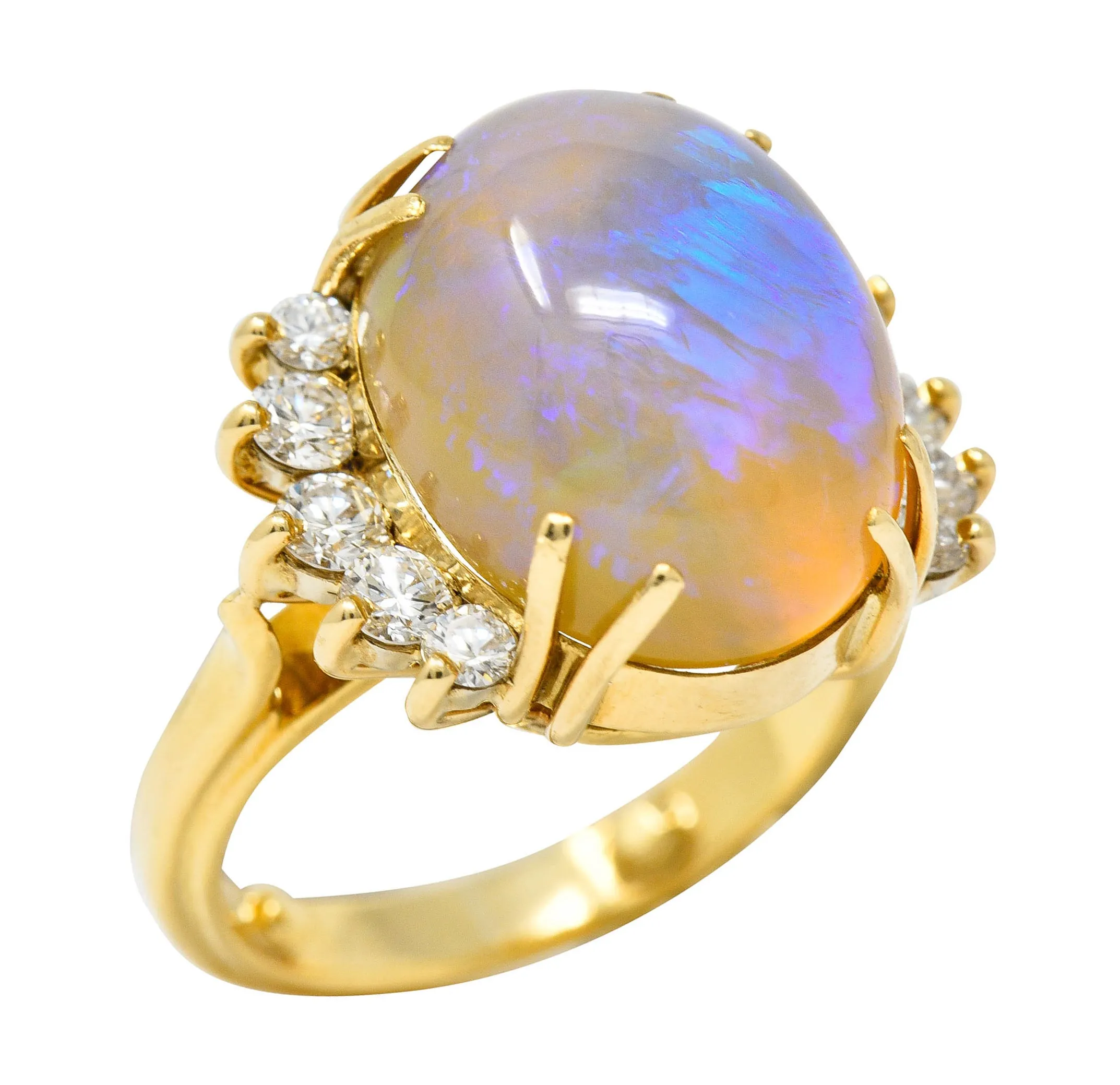 1970's Vintage Jelly Opal Diamond 18 Karat Gold Gemstone Ring