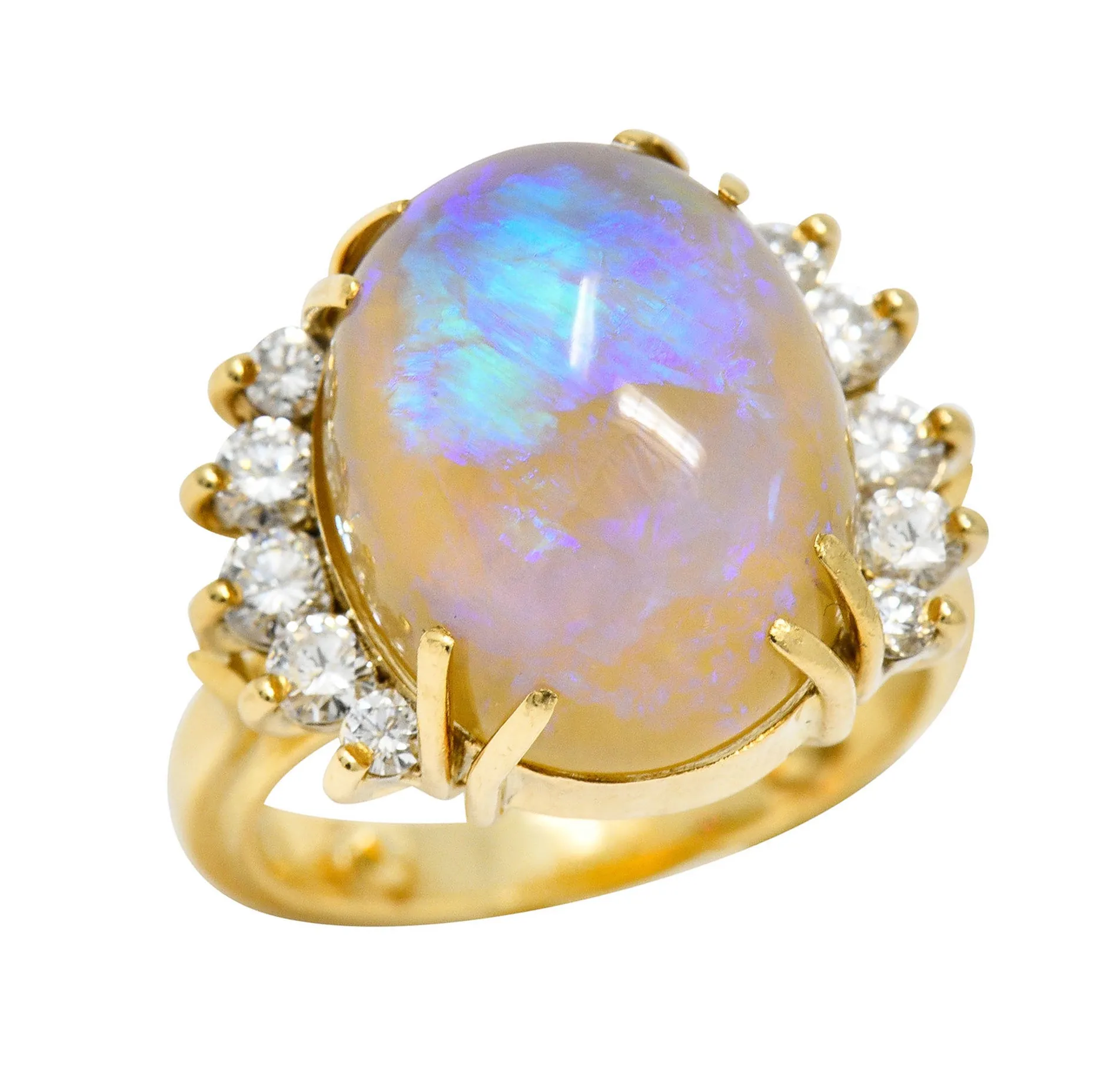 1970's Vintage Jelly Opal Diamond 18 Karat Gold Gemstone Ring