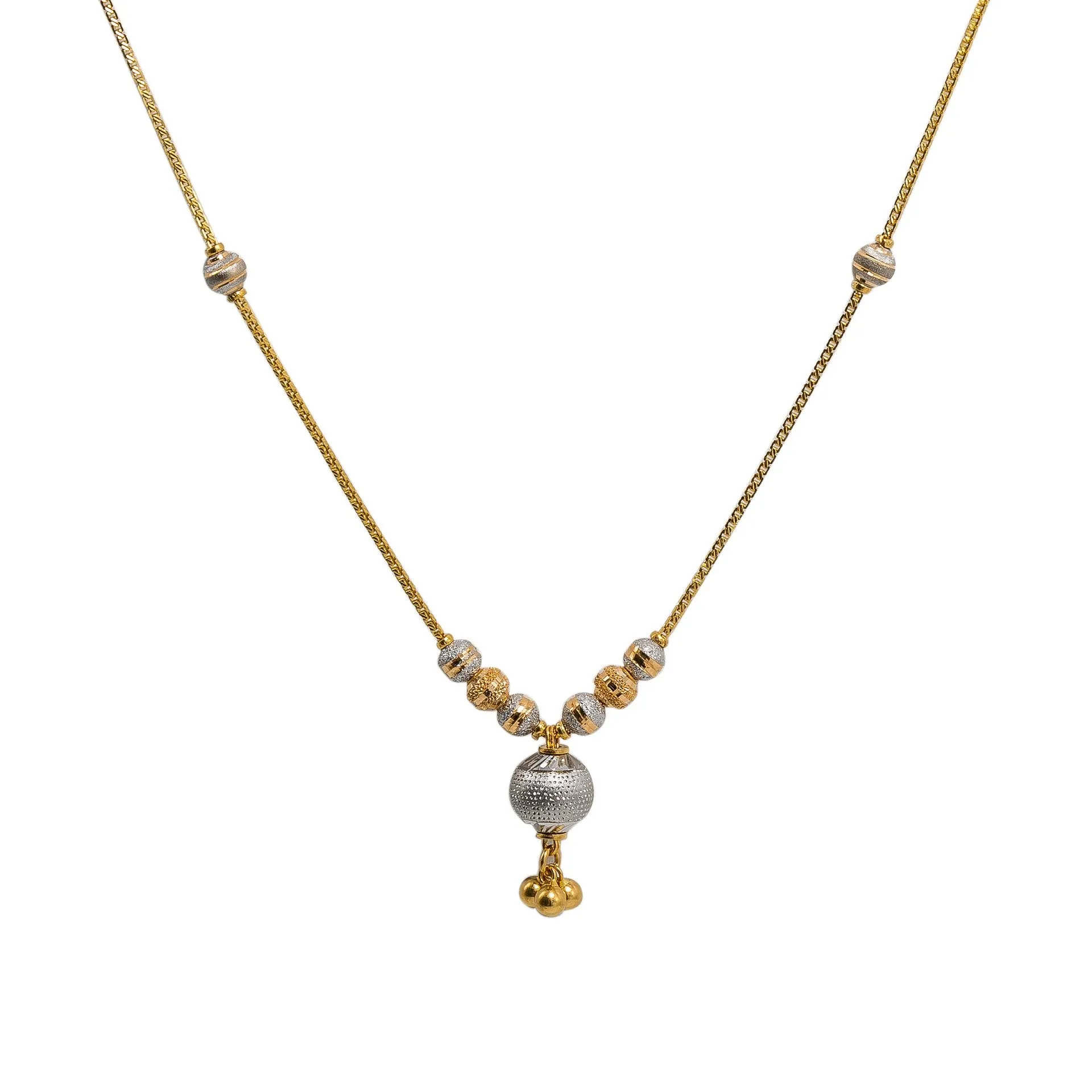 22K Multi Tone Gold Chain Necklace W/ Drop Ball Pendant & Box Link Chain