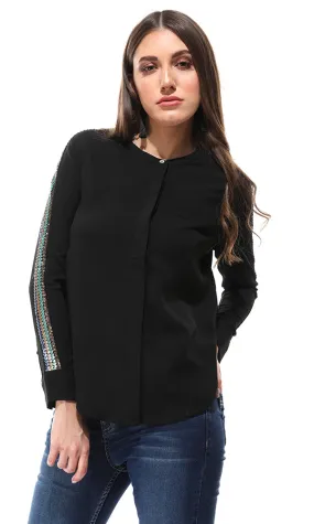 47170 Sequins Sleeves Buttoned Black Shirt