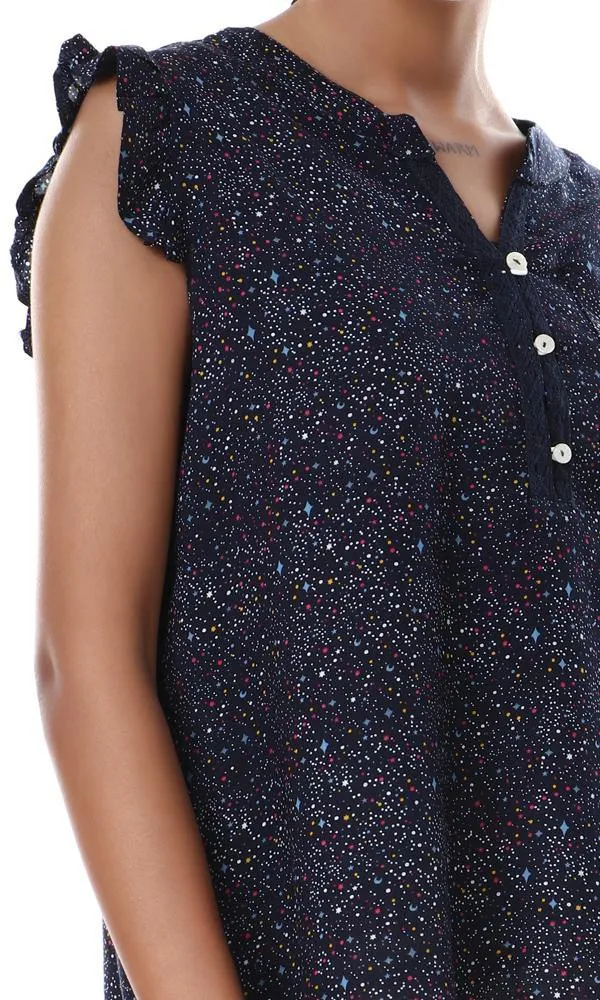 57098 Colorful Dots With Stars Buttoned Navy Blue Blouse