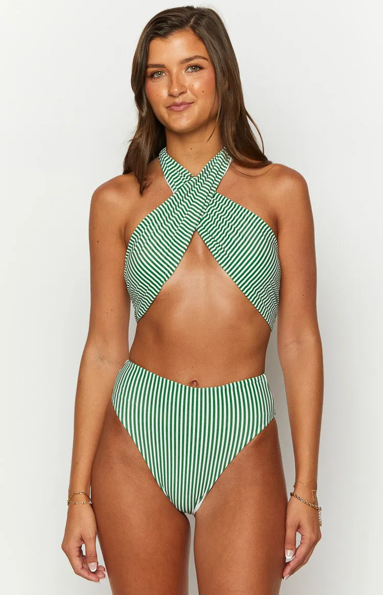 9.0 Swim Miss America Green Striped Halter Bikini Top