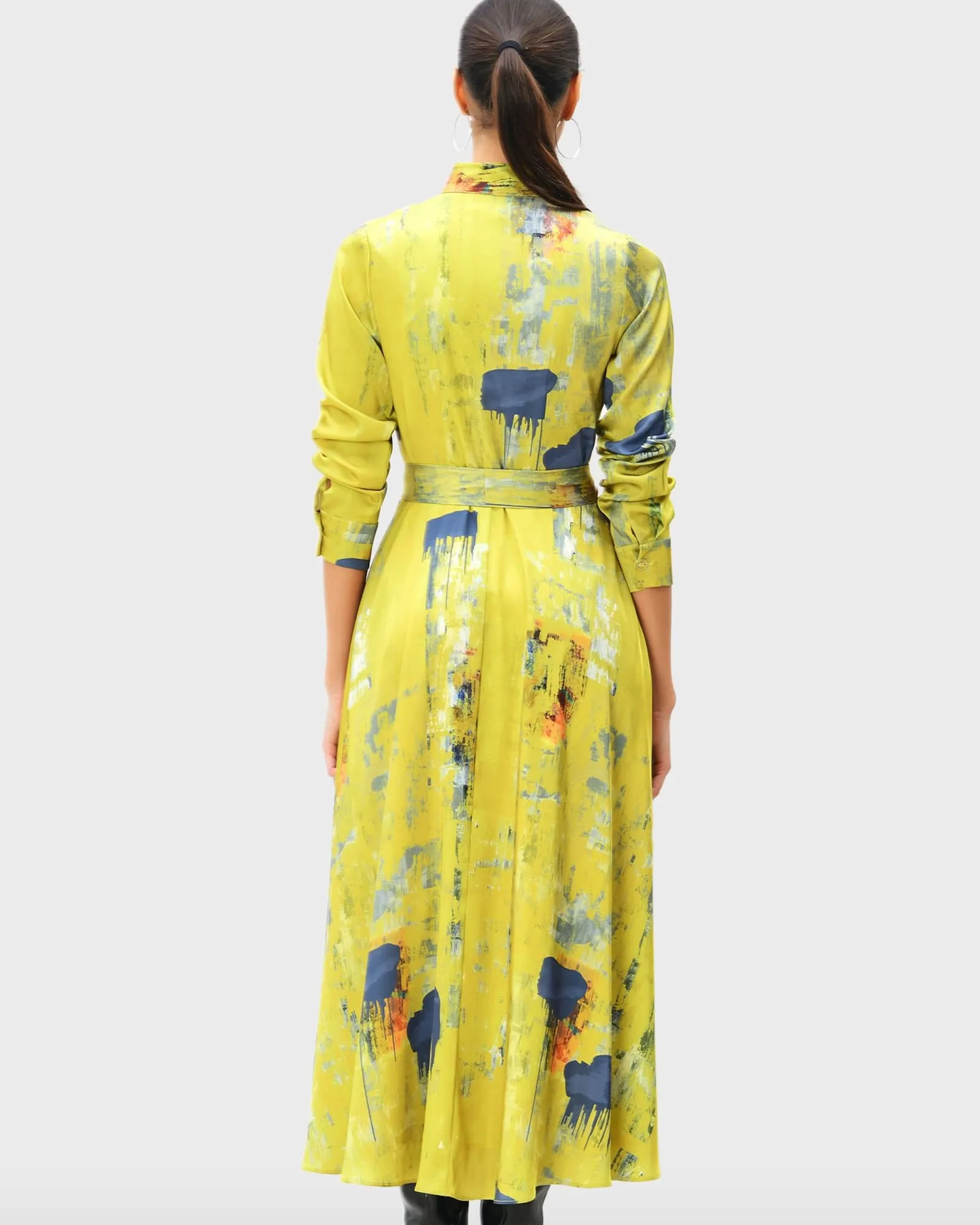 Abstract art print satin A-line shirt dress | Yellow multi