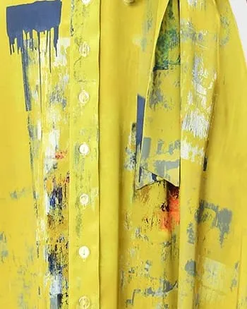 Abstract art print satin A-line shirt dress | Yellow multi