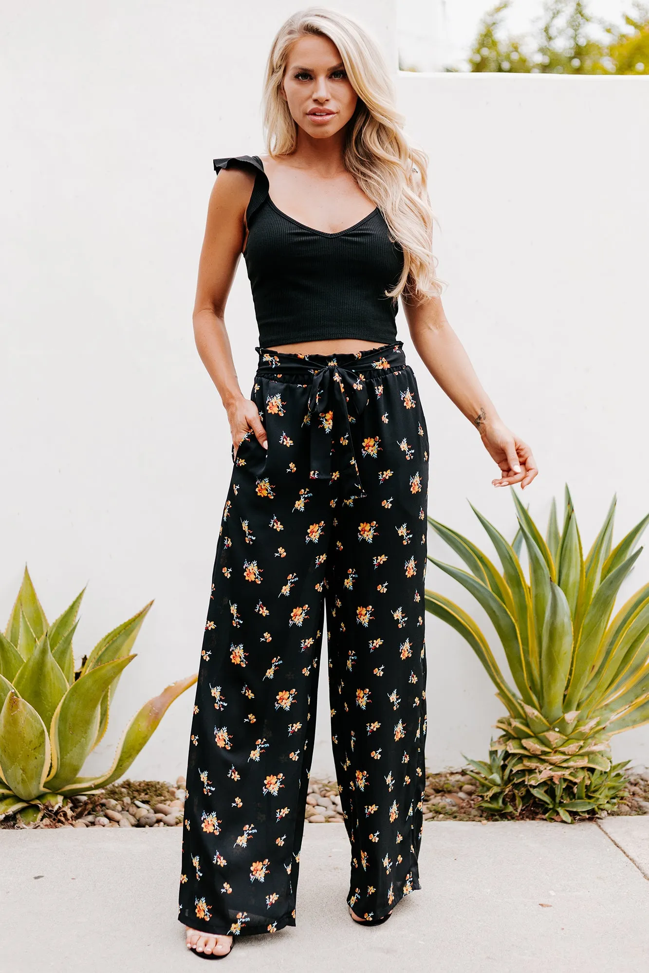 Addicted To Love Floral Print Wide Leg Pants (Black)