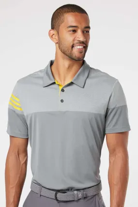 Adidas Mens 3 Stripes Colorblock Moisture Wicking Short Sleeve Polo Shirt - Vista Grey/Yellow - NEW