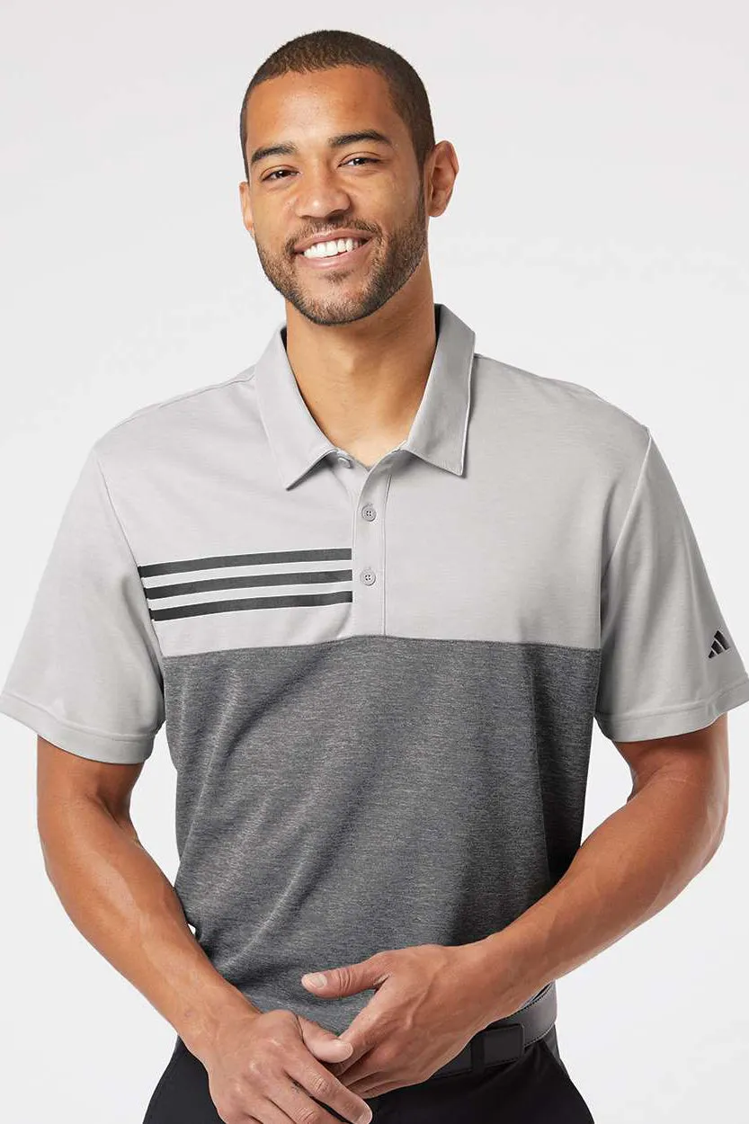 Adidas Mens 3 Stripes Colorblock UPF 50  Short Sleeve Polo Shirt - Heather Grey/Heather Black - NEW