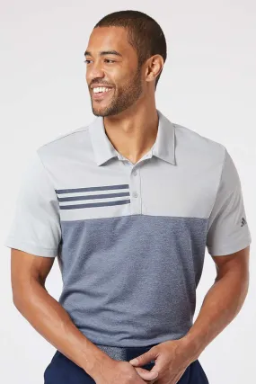 Adidas Mens 3 Stripes Colorblock UPF 50  Short Sleeve Polo Shirt - Heather Grey/Heather Collegiate Navy Blue - NEW