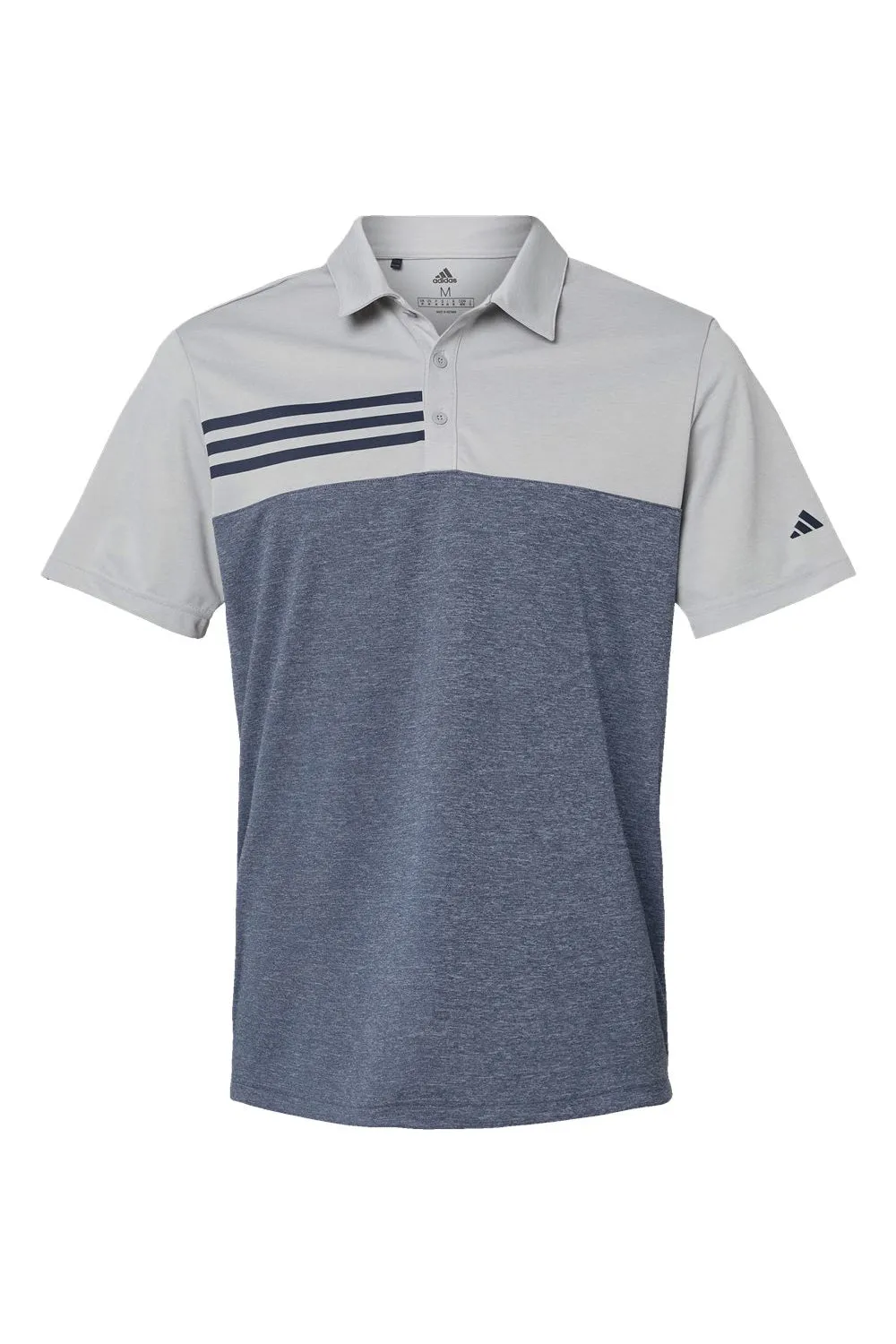 Adidas Mens 3 Stripes Colorblock UPF 50  Short Sleeve Polo Shirt - Heather Grey/Heather Collegiate Navy Blue - NEW