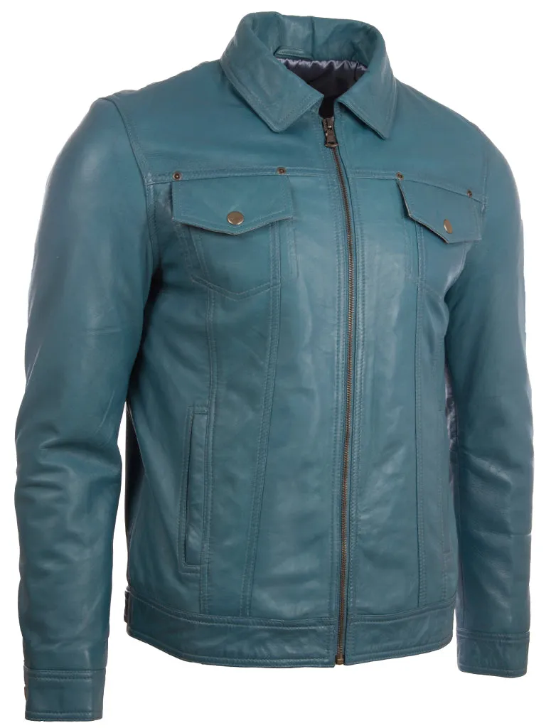 AGQ5 Men's Trucker Harrington Jacket - Denim Blue