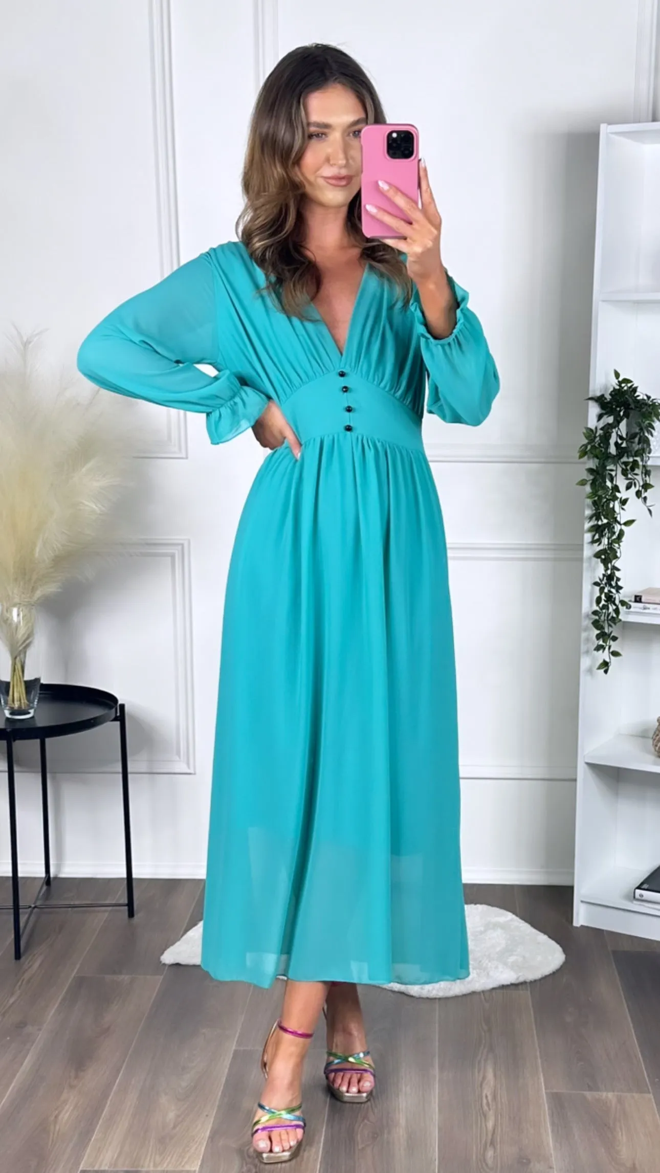 Amelie Light Green Button Waist Detail Midi Dress