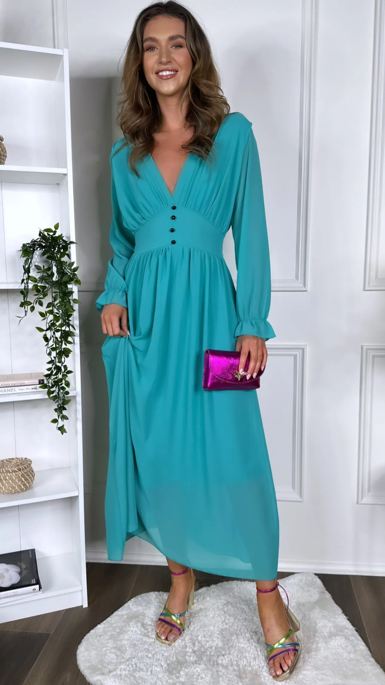 Amelie Light Green Button Waist Detail Midi Dress