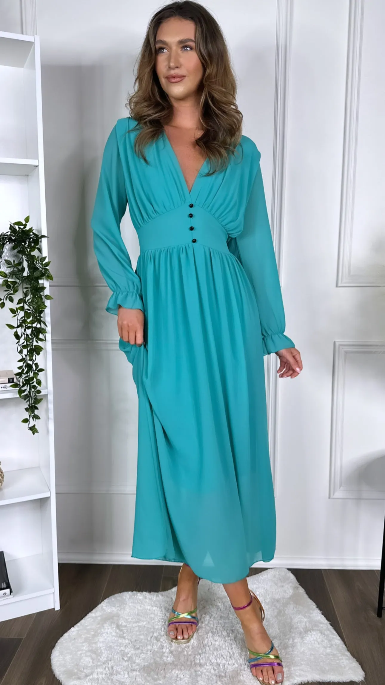 Amelie Light Green Button Waist Detail Midi Dress