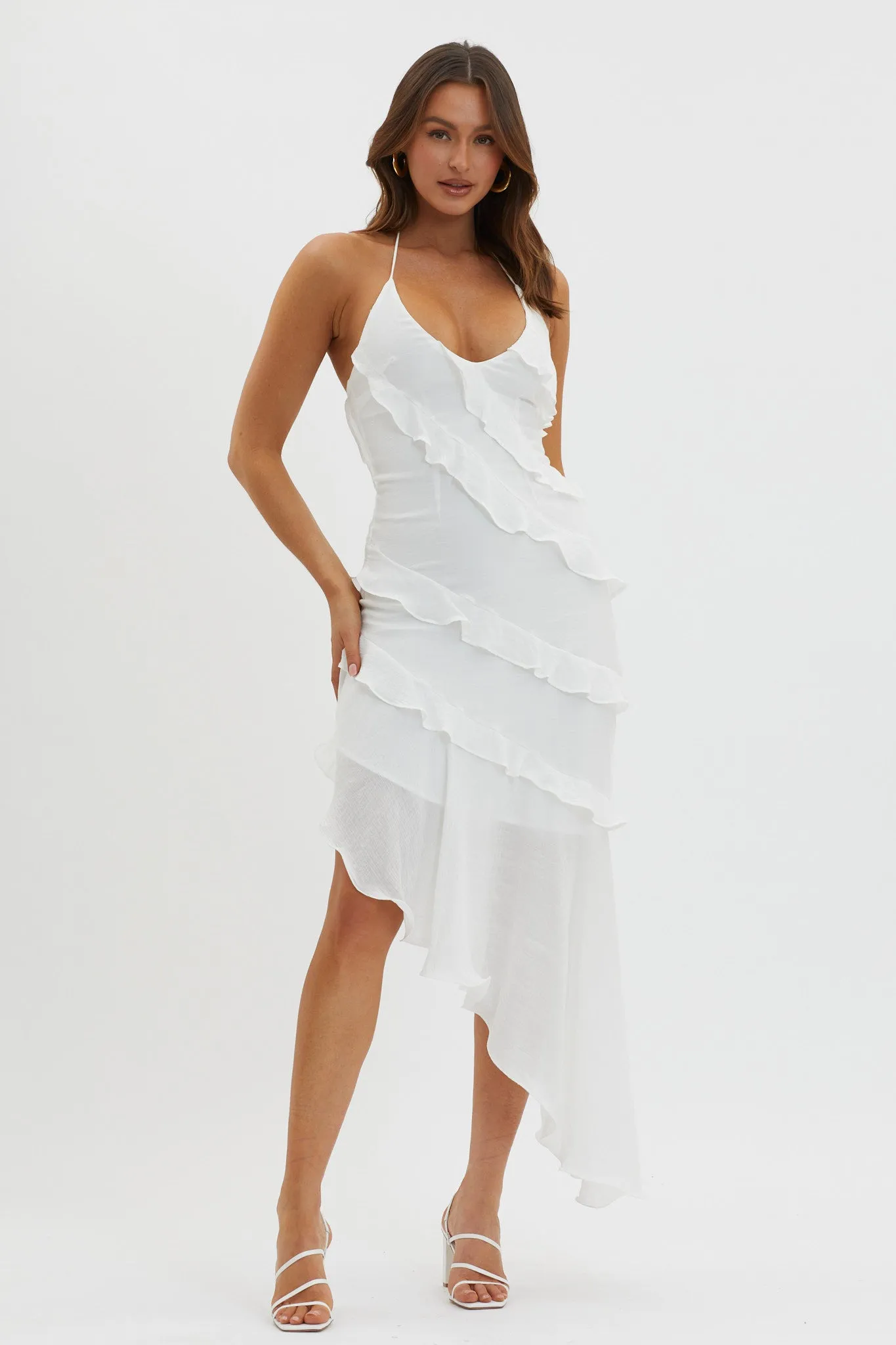 Arrabel Tiered Ruffle Asymmetric Midi Dress White