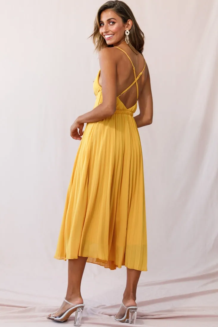 Artemis Accordion Pleat Strappy Back Midi Dress Mustard