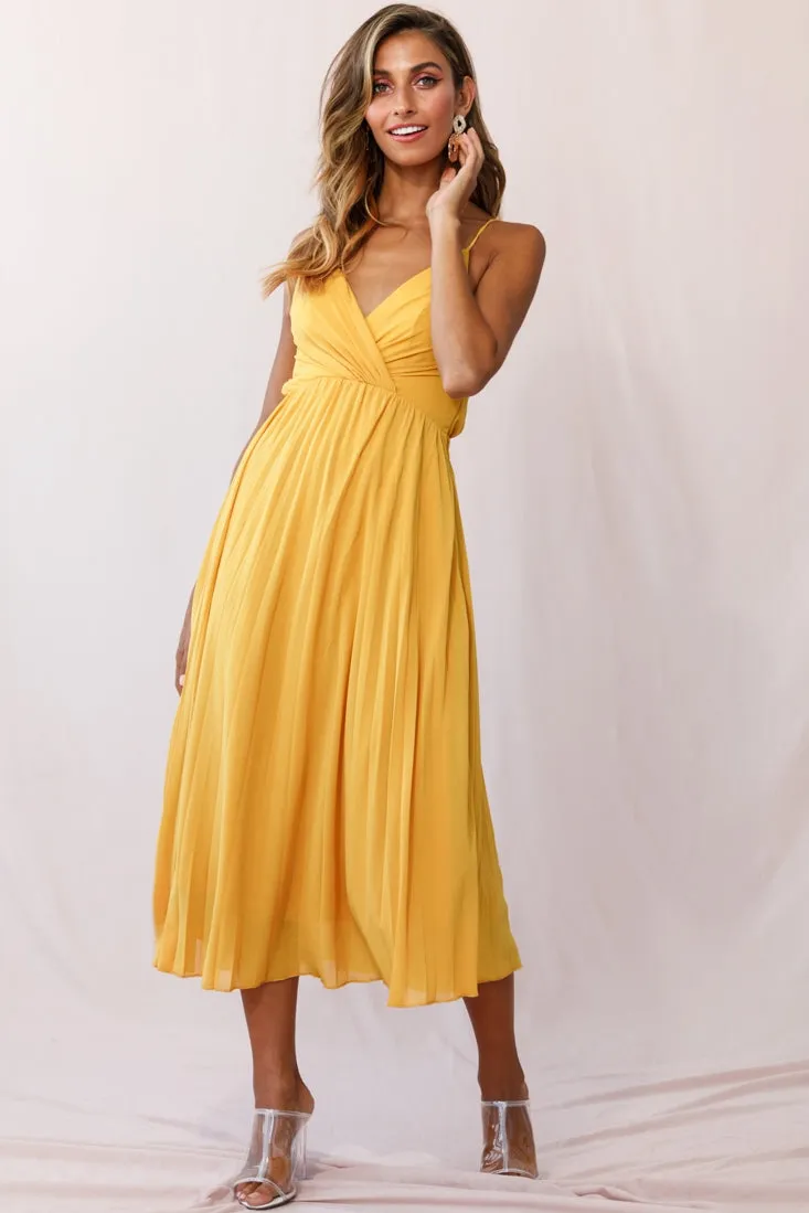 Artemis Accordion Pleat Strappy Back Midi Dress Mustard