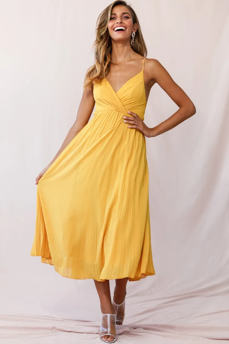 Artemis Accordion Pleat Strappy Back Midi Dress Mustard