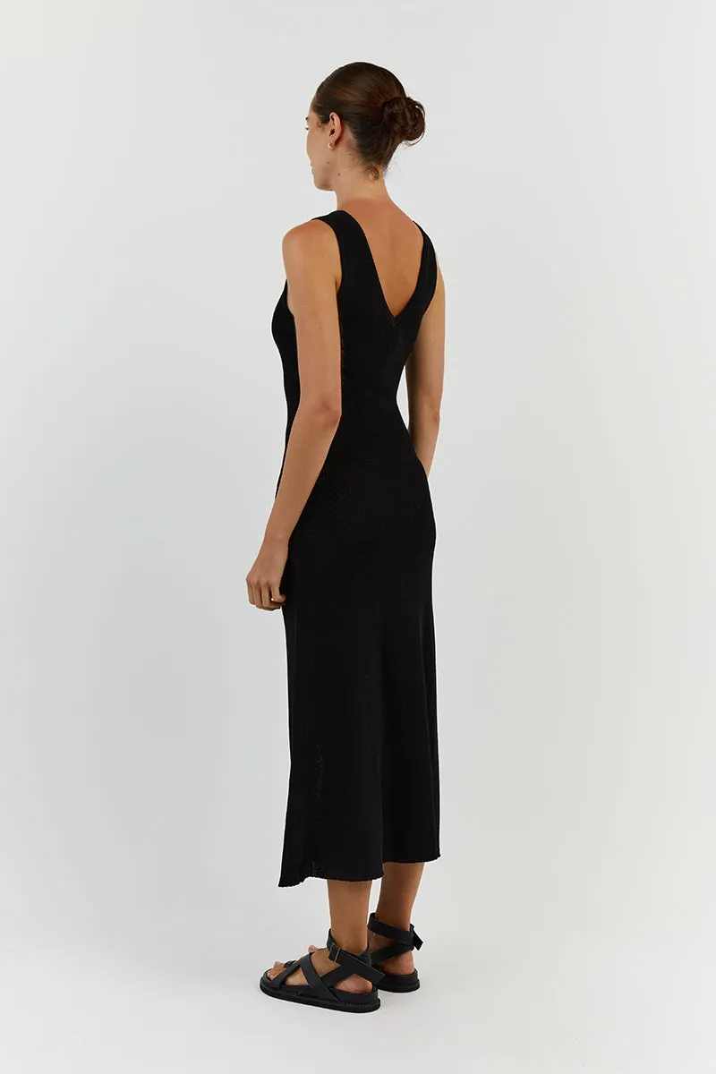 ASHER BLACK V NECK MIDI DRESS