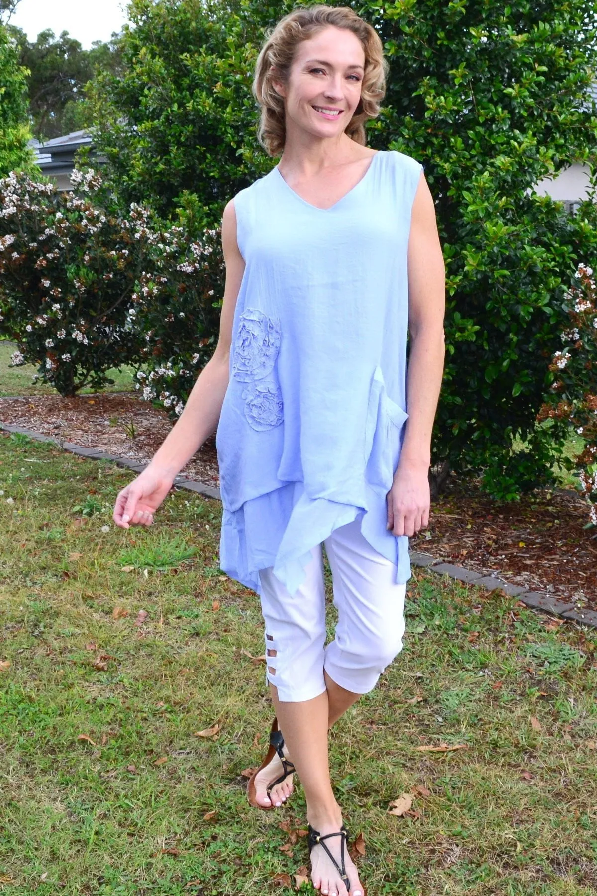 Baby Blue Applique Sleeveless Tunic Top