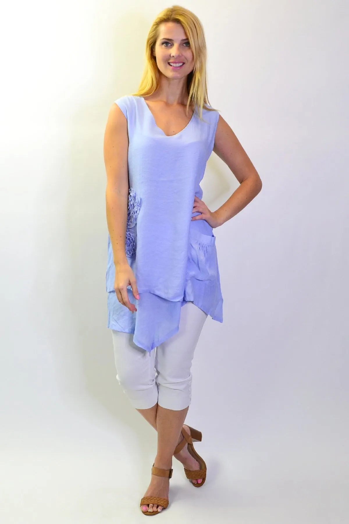 Baby Blue Applique Sleeveless Tunic Top