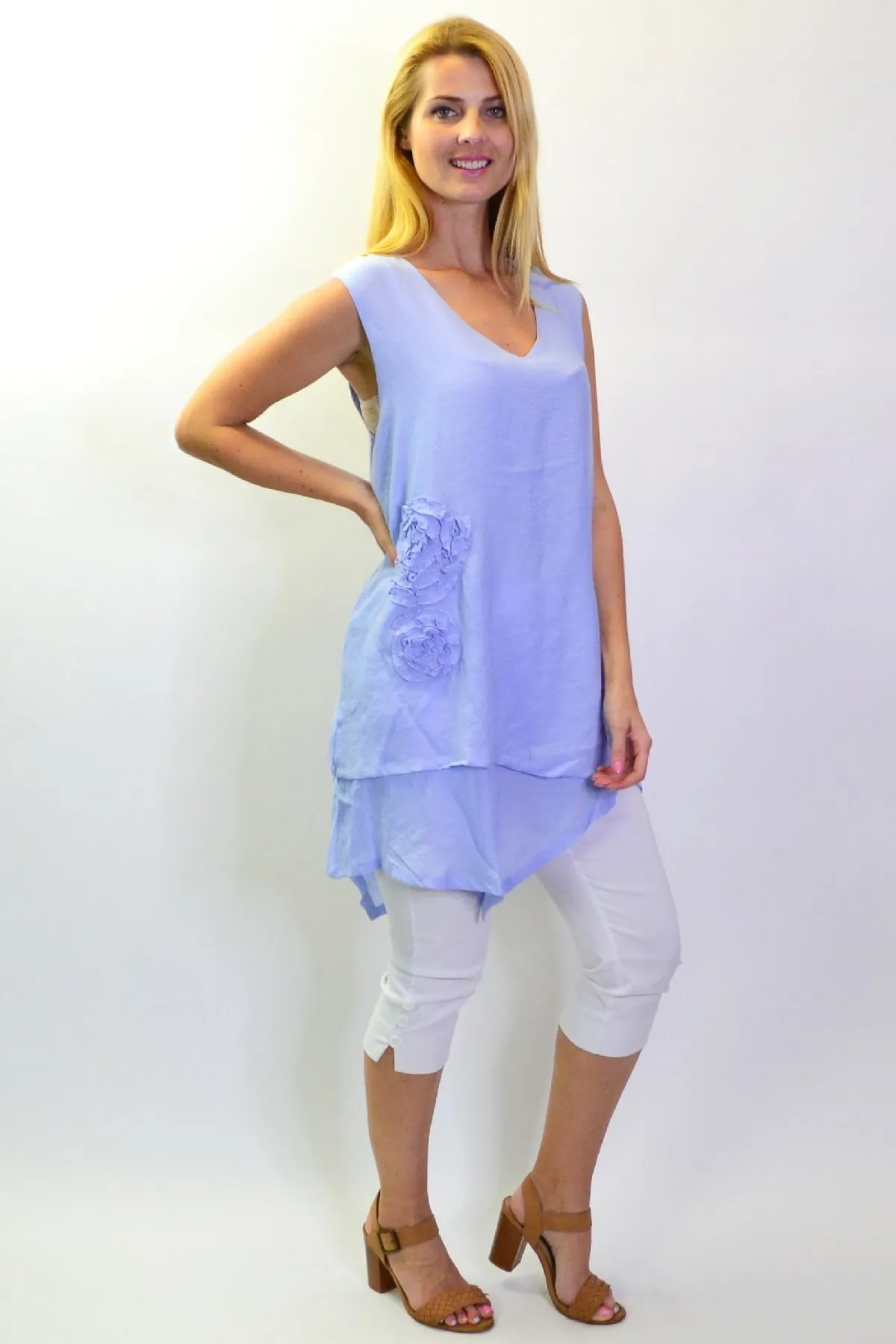 Baby Blue Applique Sleeveless Tunic Top