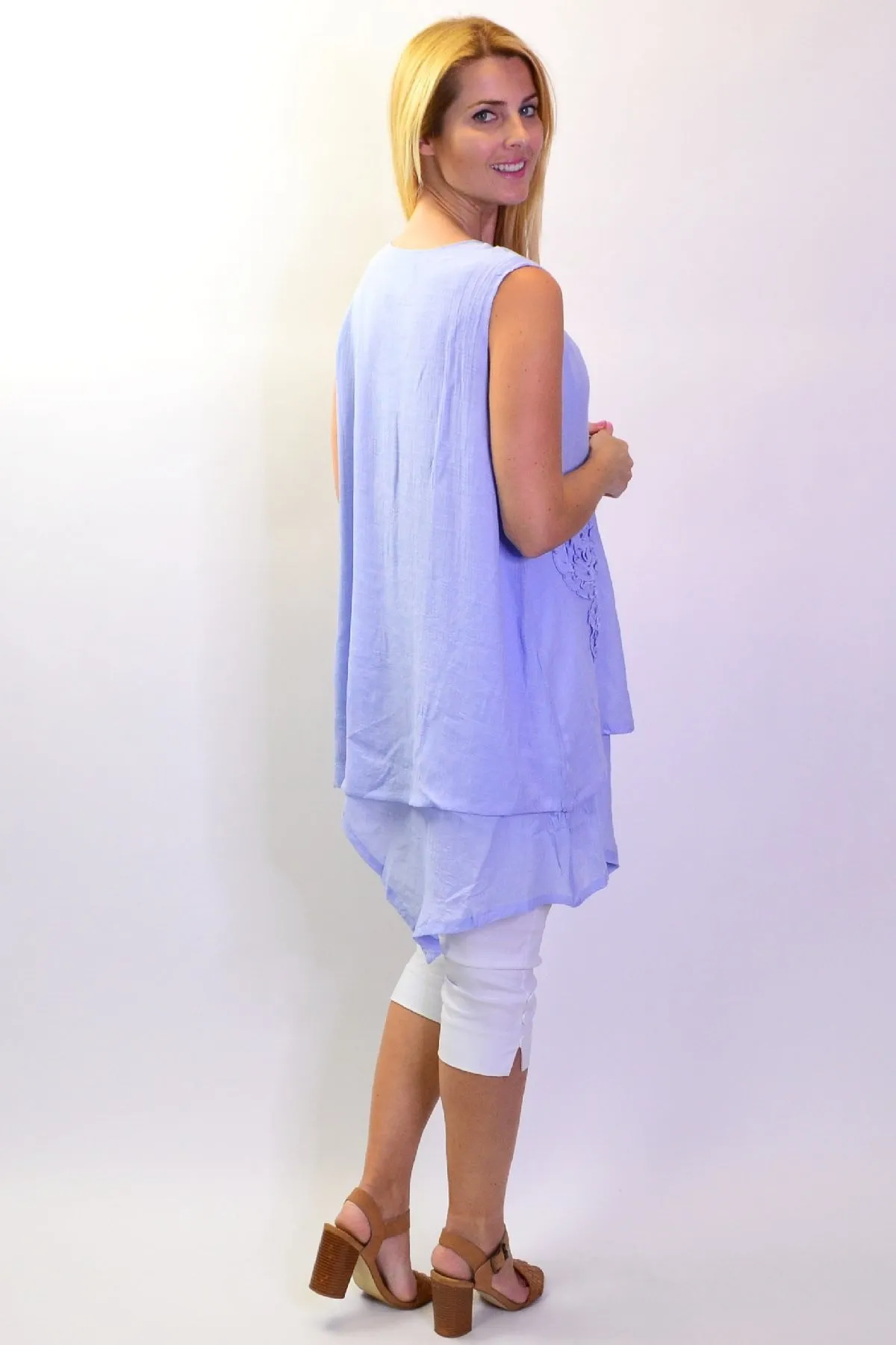 Baby Blue Applique Sleeveless Tunic Top