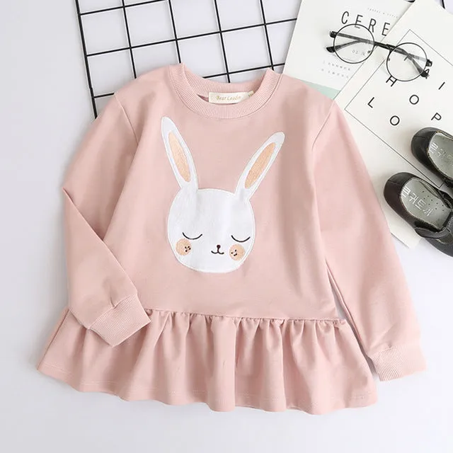 Baby Girls Blouse Rabbit Ears Hooded Ruched Long Sleeve Children Clothing Dress Girls Clothes