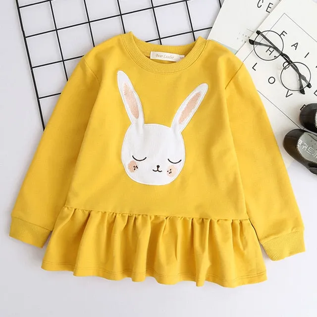 Baby Girls Blouse Rabbit Ears Hooded Ruched Long Sleeve Children Clothing Dress Girls Clothes