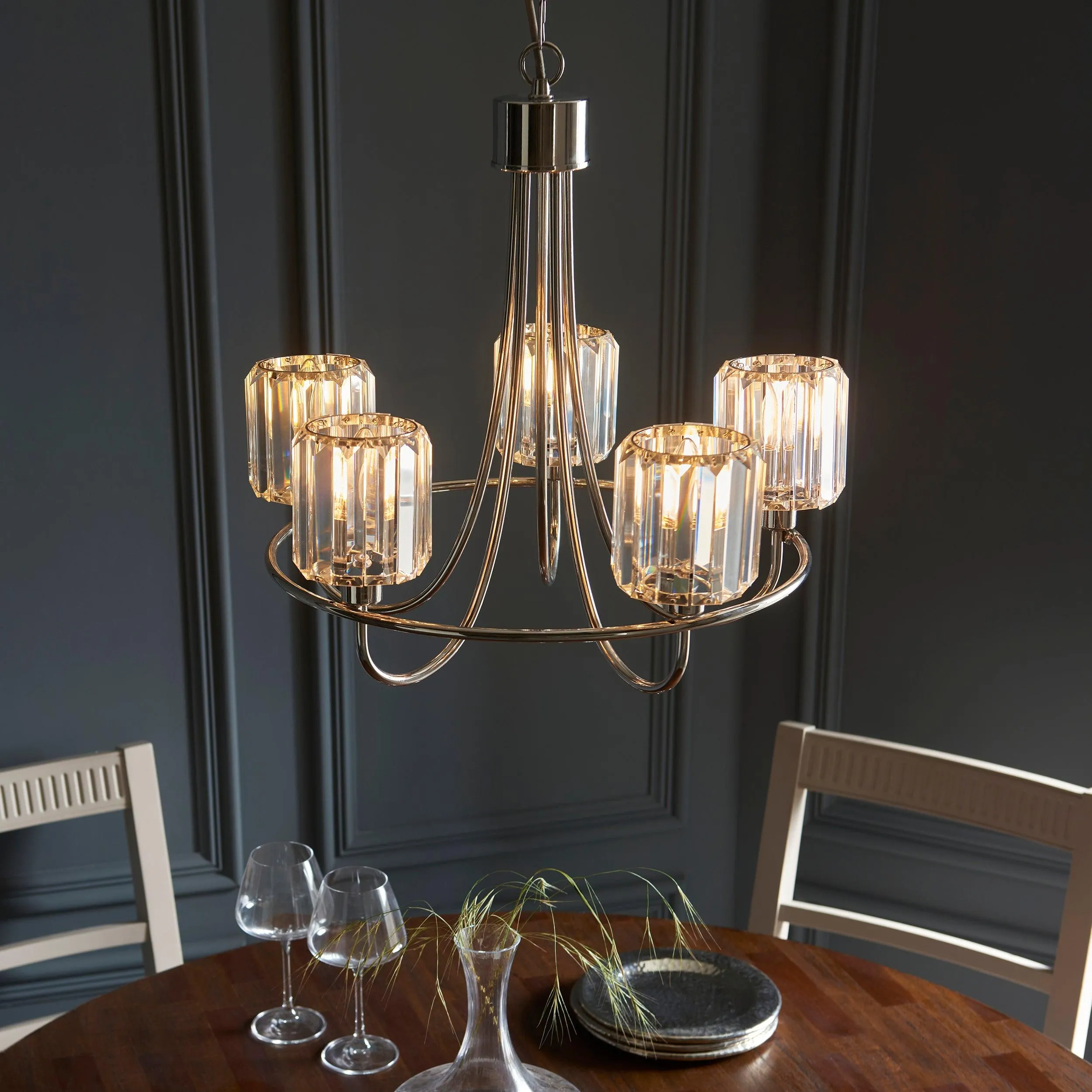 Berenice 5 Light Nickel Pendant - Clear Cut Glass Shades