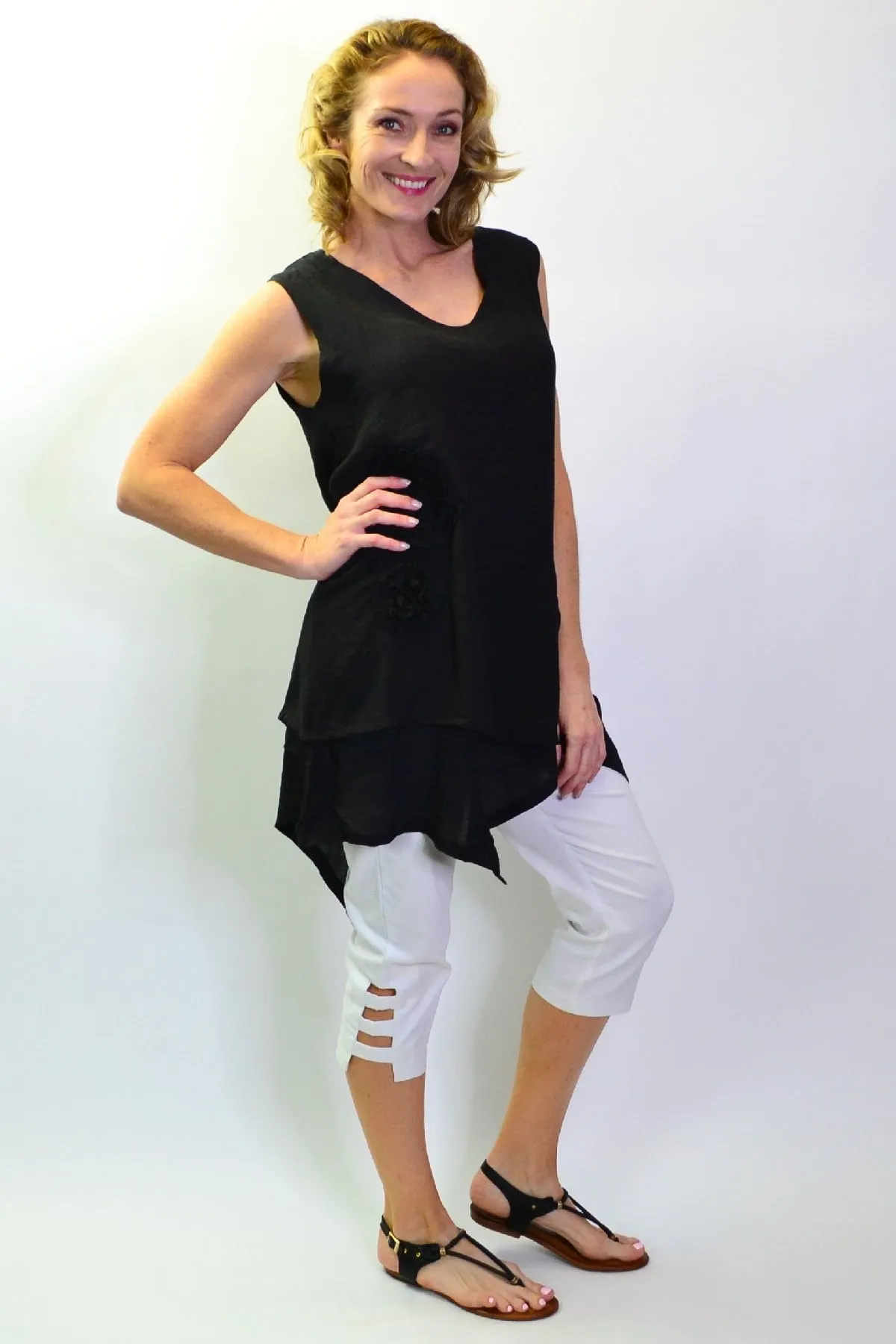 Black Applique Sleeveless Tunic Top