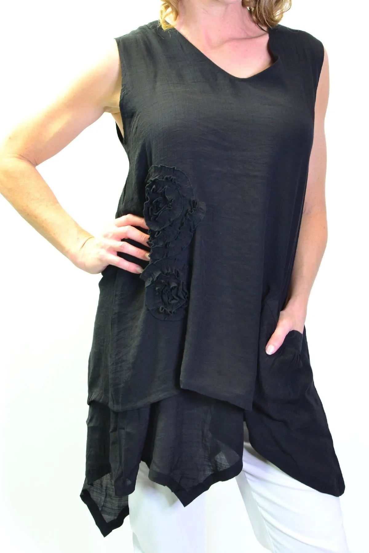 Black Applique Sleeveless Tunic Top