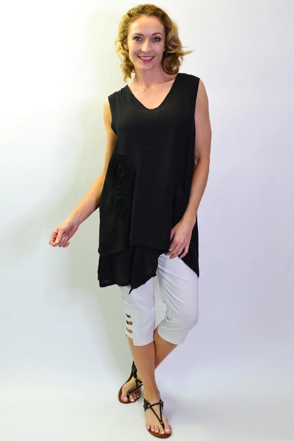 Black Applique Sleeveless Tunic Top