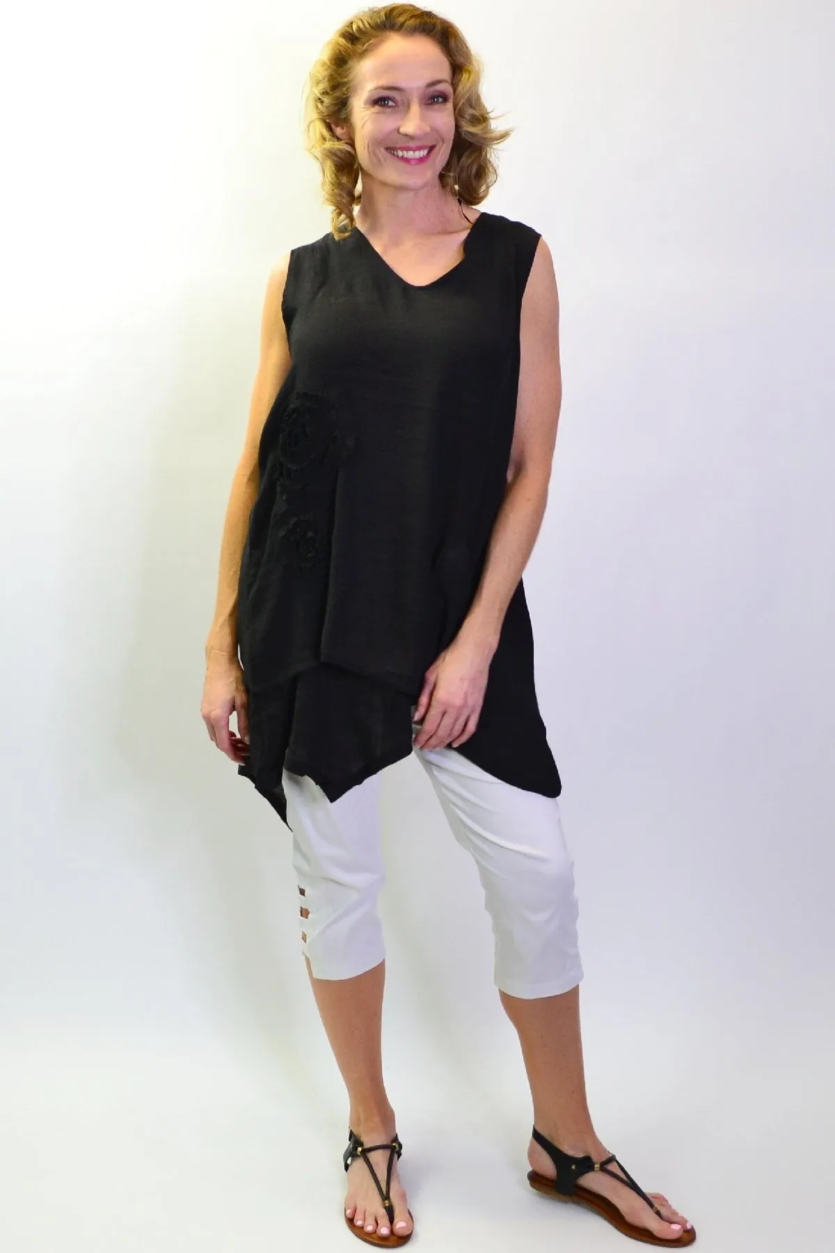 Black Applique Sleeveless Tunic Top