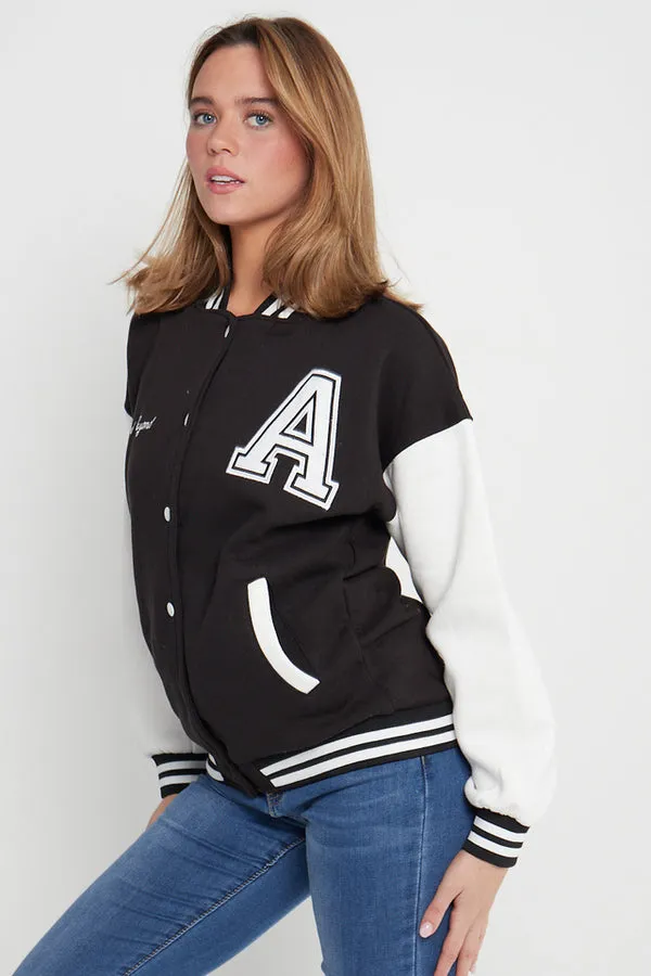 BLACK CONTRAST SLEEVE LETTER A UNISEX VARSITY JACKET