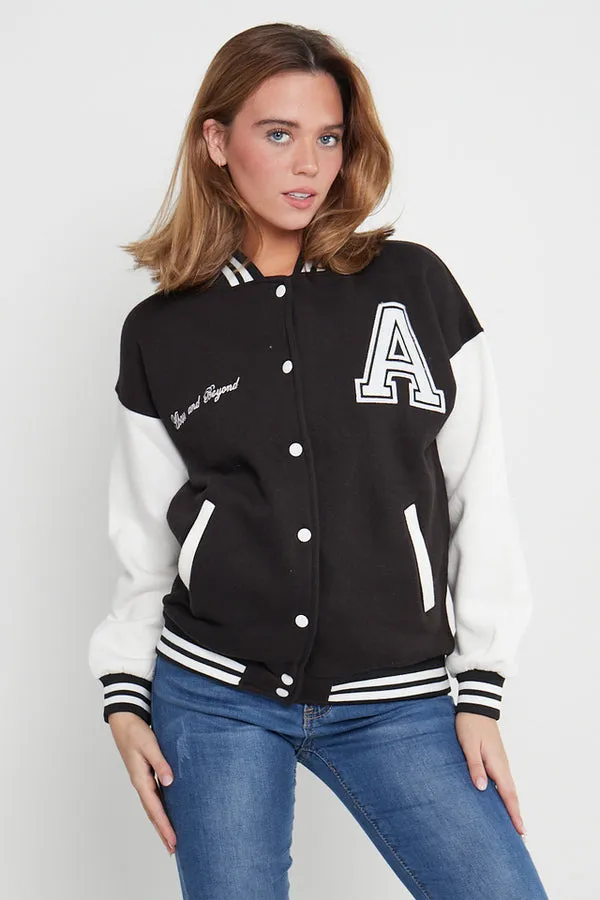 BLACK CONTRAST SLEEVE LETTER A UNISEX VARSITY JACKET