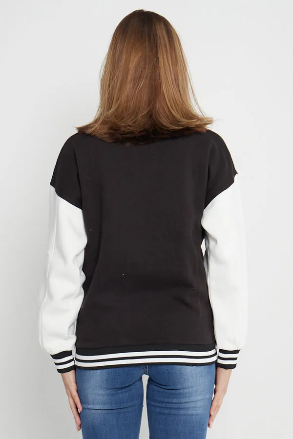 BLACK CONTRAST SLEEVE LETTER A UNISEX VARSITY JACKET