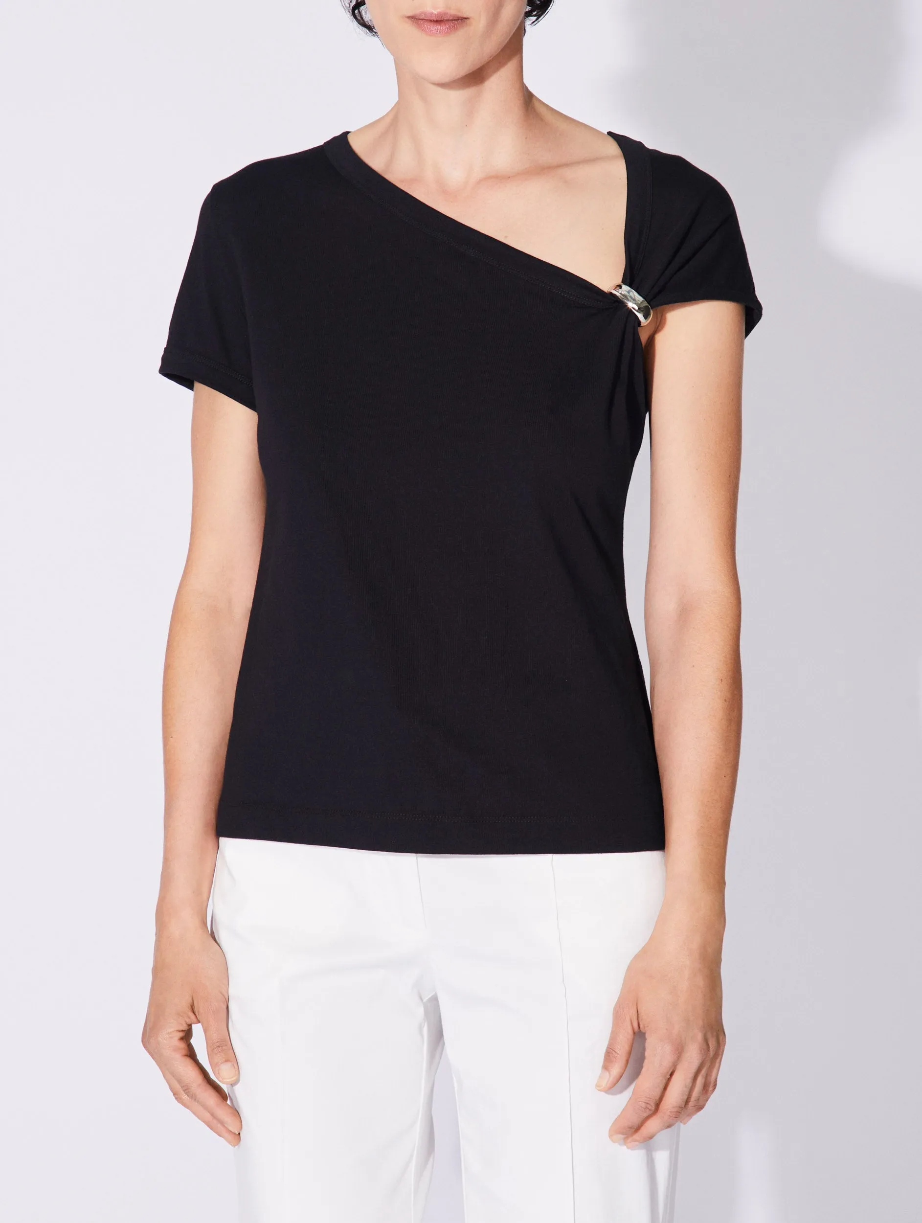 Black cotton jersey draped T-shirt