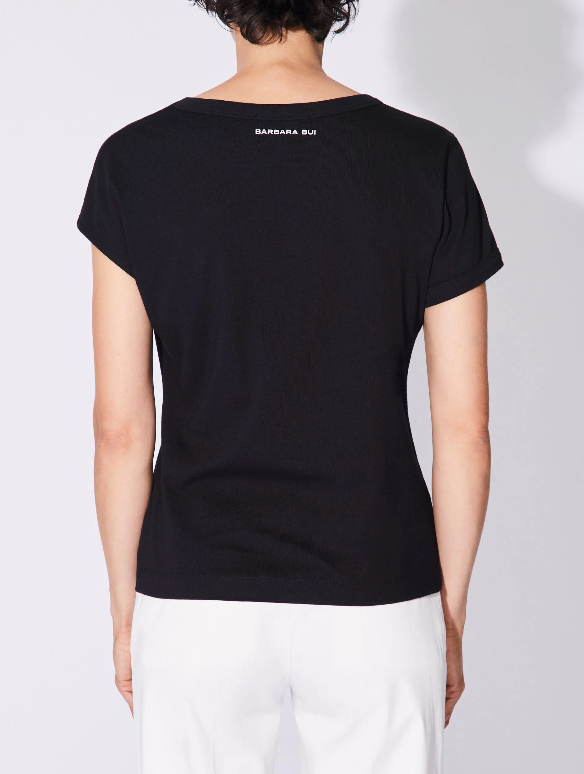 Black cotton jersey draped T-shirt