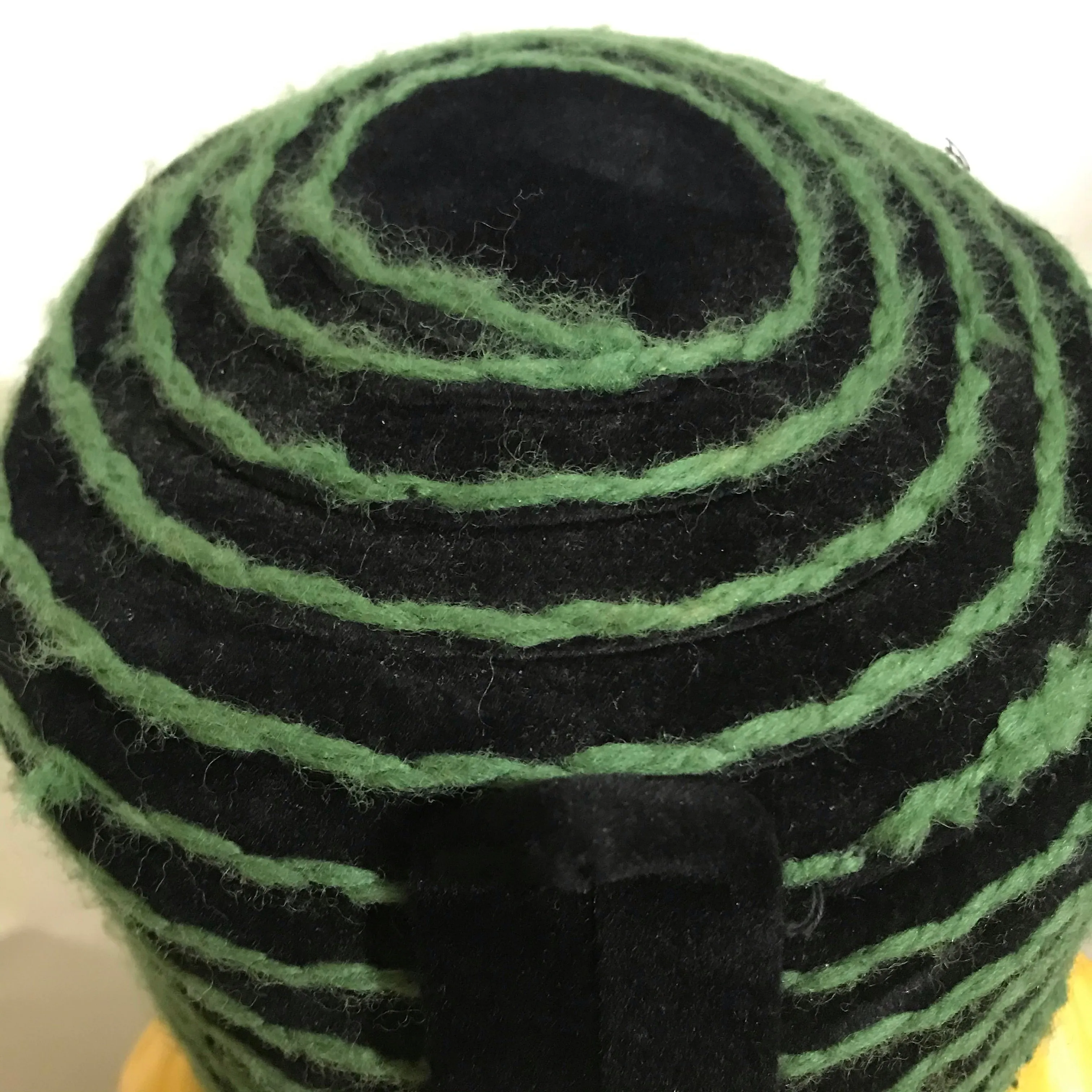 Black Felted Wool Fez Style Hat Green Yarn Top Stitch Detail circa 1960s