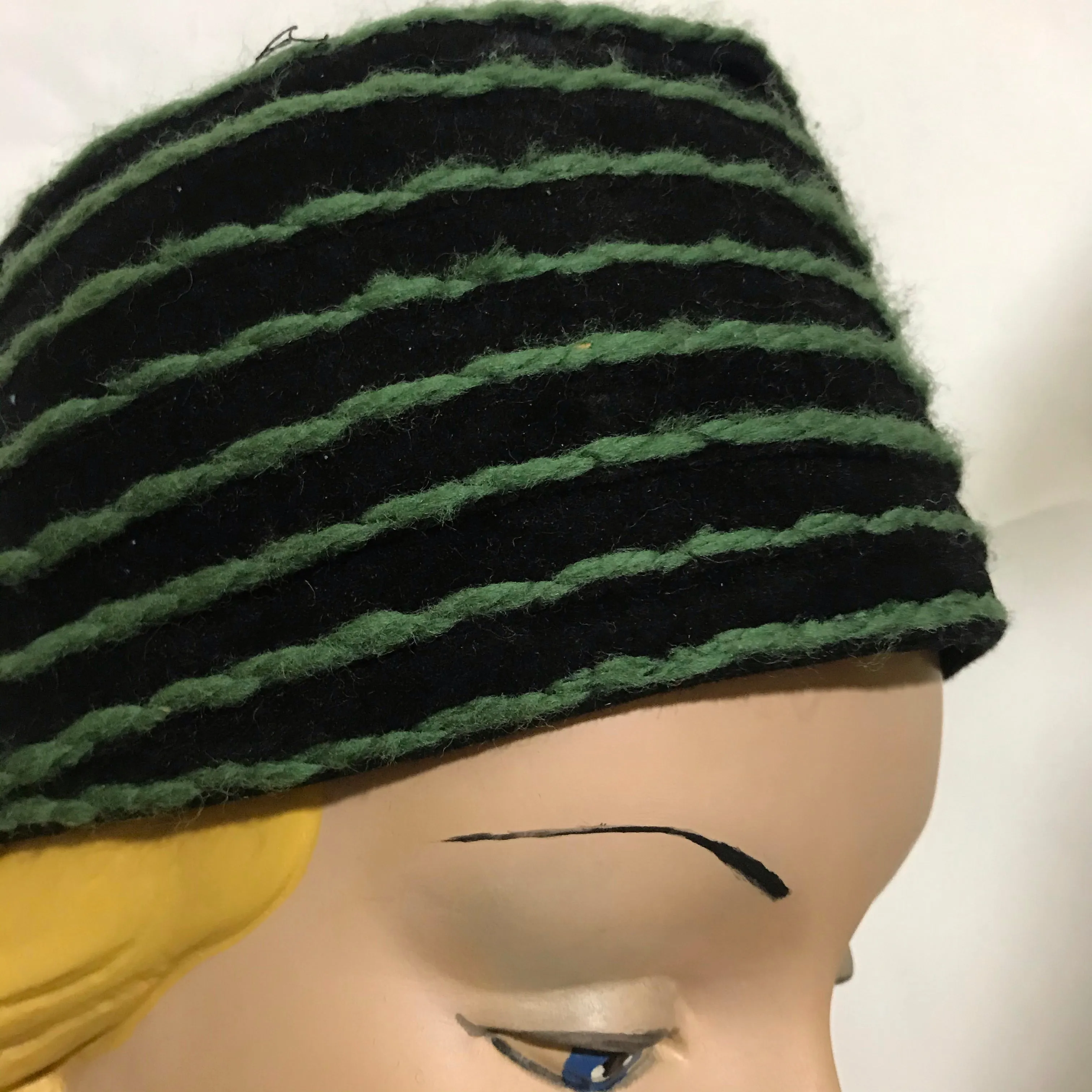 Black Felted Wool Fez Style Hat Green Yarn Top Stitch Detail circa 1960s