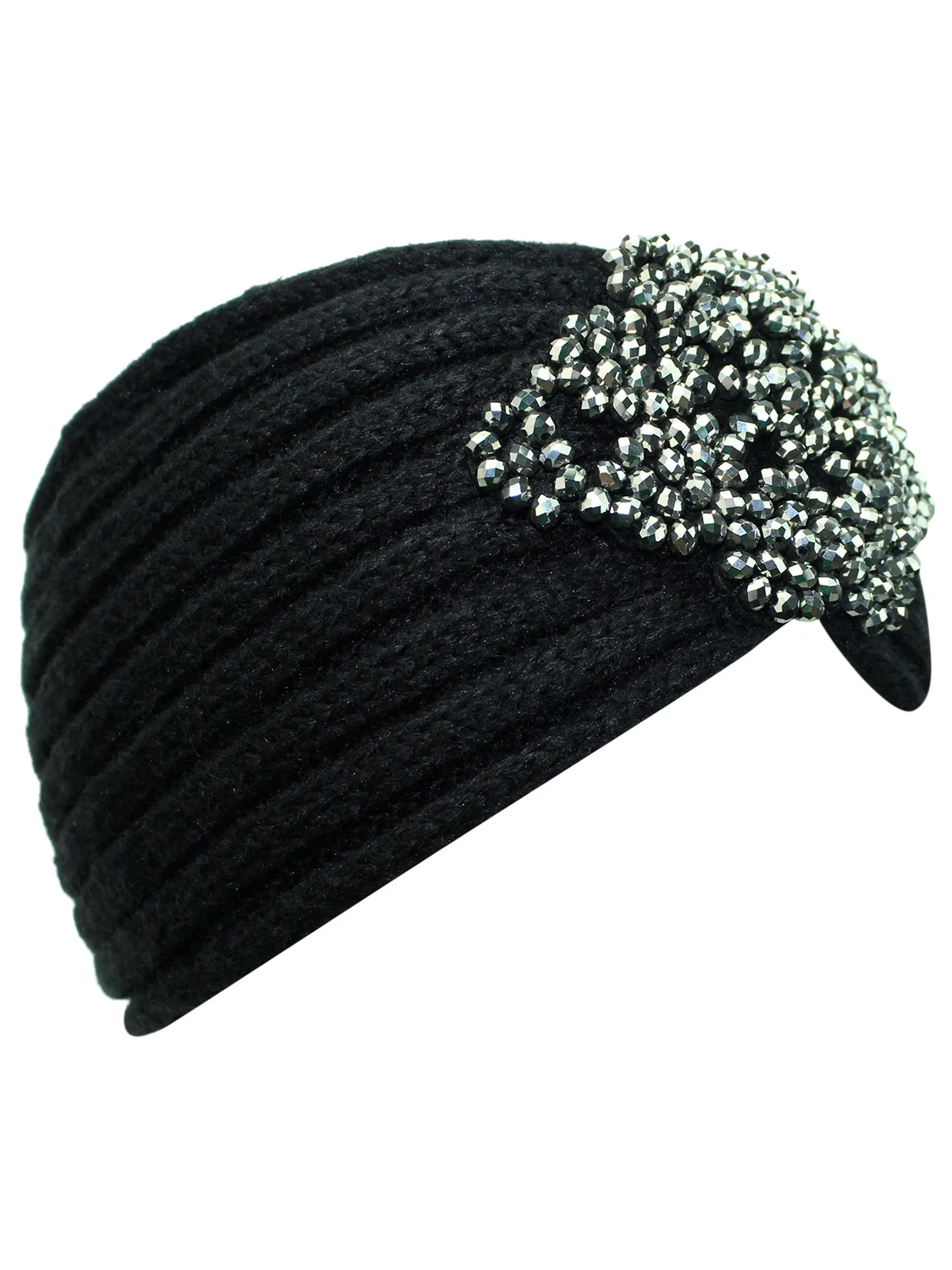 Black Knit Headband With Beaded Detail