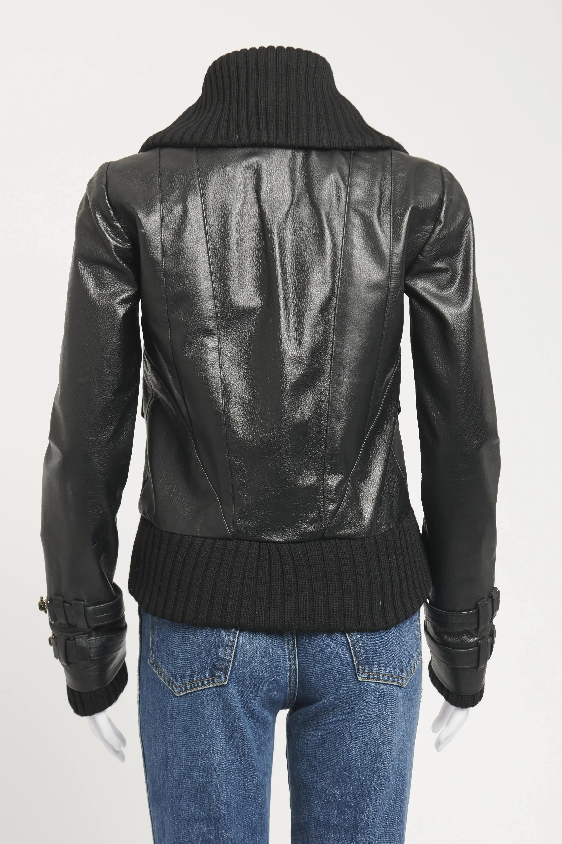 Black Leather Multiple Front Pockets Preowned Jacket