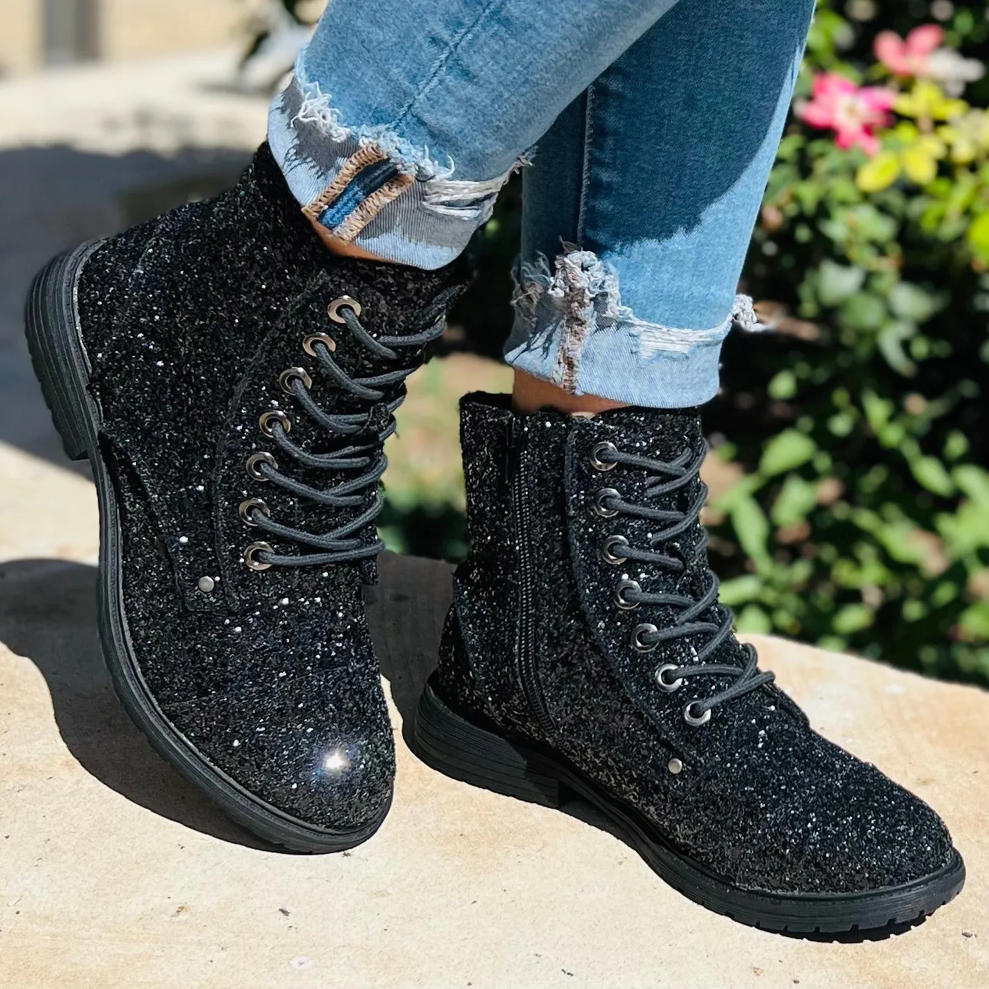 Black Magic Sequin Combat Boots*